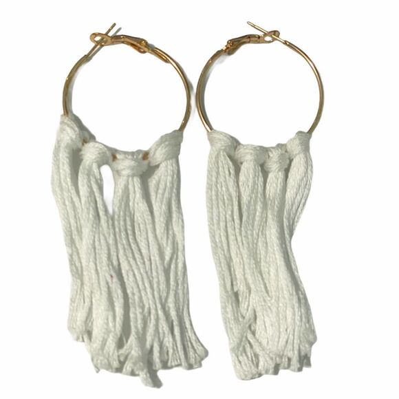 Boho Fringe Tassel Statement Earrings Hoop Tassels White Gold Tone Slip On Small - Picture 1 of 3
